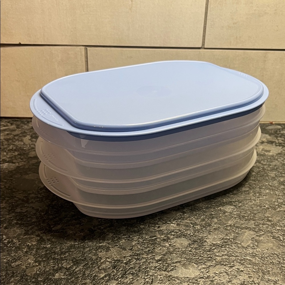 Tupperware Deli Stackers Food Storage Container Set with Light Blue Lids.